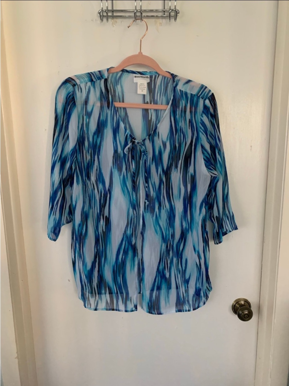 Worthington Blue Pattern Tie-Neck  jacket/topper- Women's